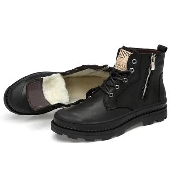 

Plush Genuine Leather Men's Boots Side Zipper Thick Bottom Fashion Men's Shoes Non-slip Warm First layer cowhide Winter Boots