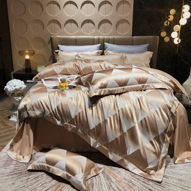 Sateen Cotton Jacquard Duvet Cover Set Soft Satin Silky Bedding Sets,Duvet Cover Flat Sheet 2 Pillowcases Double Queen King 4Pcs