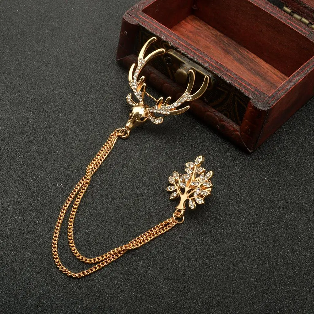 Gold Deer Tree Collar Neck Tip Brooch Lapel Pin Chain Jewellery Gift for Men Women