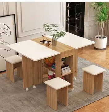 Household folding dining table movable telescopic rectangular multifunctional table and chair combined dining