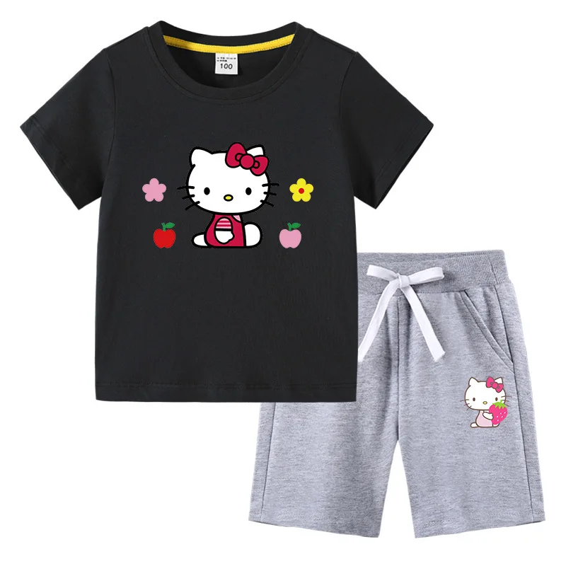 thumbnail image 1 of Hello Kitty-Camiseta de algodón con estampado de dibujos animados para niños y niñas, traje de dos piezas con pantalones de manga corta, verano, 1 of 5