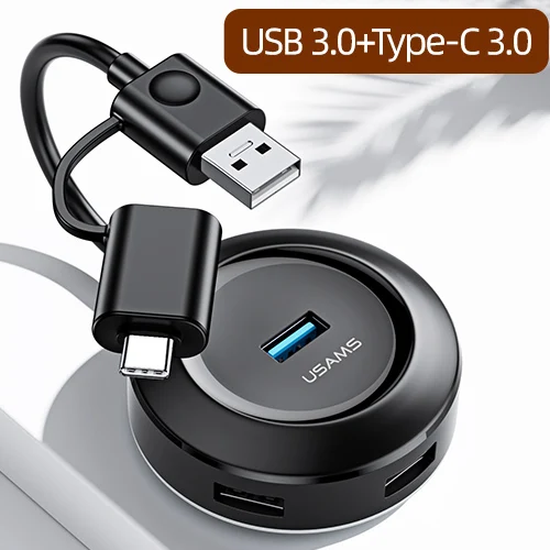 USAMS USB C концентратор USB 3,0 концентратор разветвитель несколько USB 2,0 Hab type C концентратор мульти Hab расширитель 4 порта концентратор для ПК ноутбук адаптер - Цвет: Black usb and type c