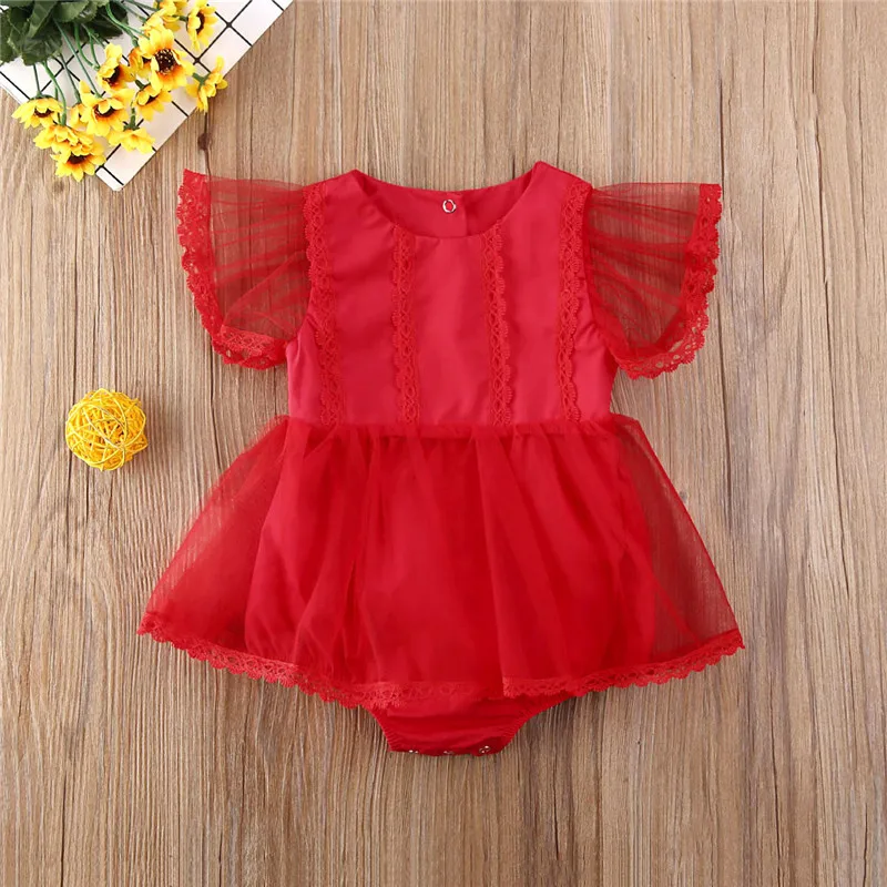Летняя одежда для новорожденных девочек, кружевное платье-пачка с рукавами-крылышками, комбинезон принцессы, красный и белый цвета