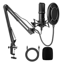  USB Condenser PC Microphone with Adjustable Mic Arm Stand Shock Mount for Gaming Studio Podcast Recording Video Steaming 