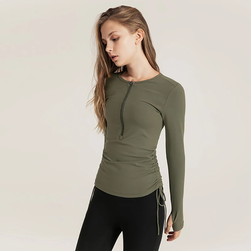 SALSPOR, женские рубашки для йоги на молнии с длинным рукавом, одноцветные тонкие спортивные футболки с завязками, женские быстросохнущие футболки для фитнеса, бега, спортзала - Цвет: Green