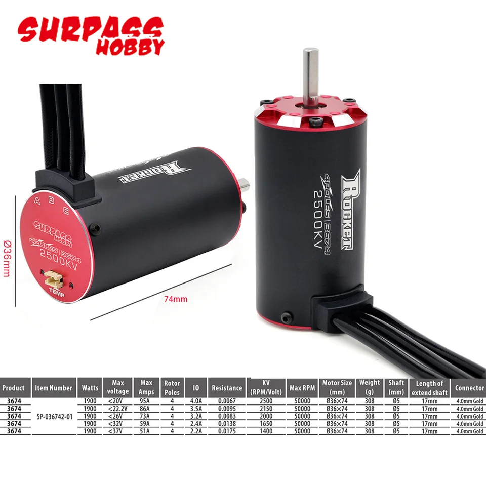 Surpass RC 3650 Brushless Motor – 3250KV, 4-Pole, For 1/10 Scale RC Cars & Trucks, Black - View #6
