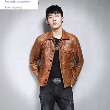 Мужская куртка из натуральной кожи, Ретро стиль, настоящая коровья кожа, куртка, короткая, весна, осень, роскошное пальто, мужские мотоциклетные куртки, 19-09 KJ3218
