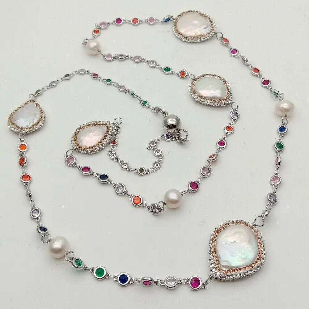 

36'' White Coin Pearl Mixed Color Cz pave Chain Long Necklace