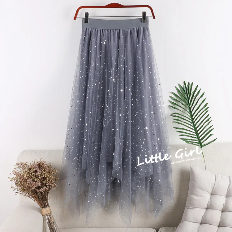 Весна-лето, Женская юбка миди из сетчатой ткани с блестками, эластичная талия, бархатная, пэчворк, Корейская, повседневная, черная, юбки для женщин s Saias