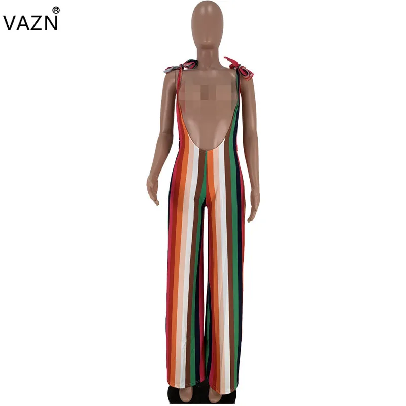 VAZN fn8289 Новинка Yong Lady Of Note Сексуальная Мода Мульти полосатый Спагетти ремень шифон для женщин свободные широкие ноги шифоновый комбинезон - Цвет: Многоцветный