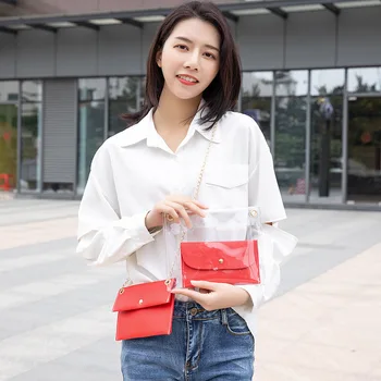 

2020 new PVC transparent single shoulder diagonal mobile phone bag coin purse three son and mother bag chain bag wild simple