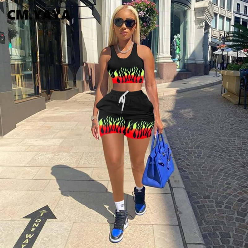 CM.YAYA Women Set Print O-neck Crop Tanks Tops Pockets Shorts Two 2 Piece Sets Active Tracksuit Casual Outfits Summer Sporty |