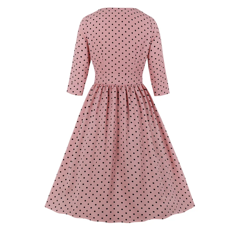 Tonval/розовое винтажное платье миди с высокой талией и рюшами в горошек; осеннее женское платье длиной 3/4; однобортное плиссированное платье с длинным рукавом