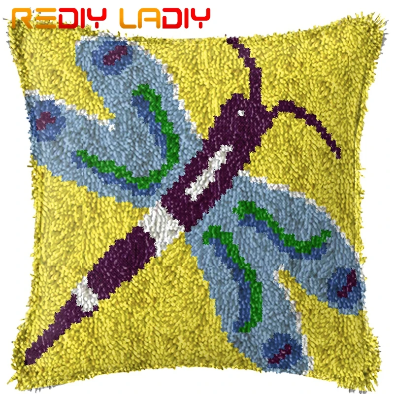 Latch Hook Cushion Blue Butterfly Pillow Case Acrylic Yarn Pillow Pre-Printed Color Canvas Crochet Cushion Cover Hobby& Crafts - Цвет: BZ450