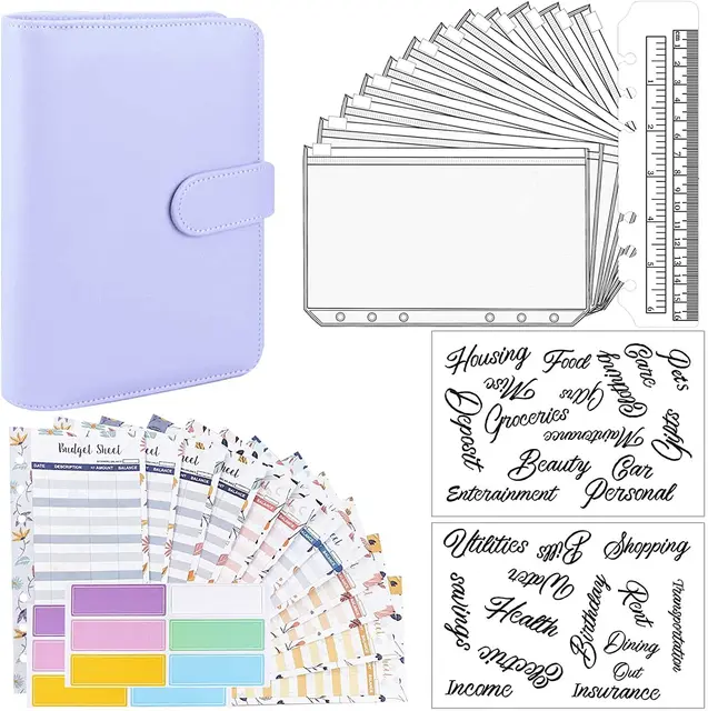 15 Pieces Binder Budget Planner Cash Envelope Binder with Budget Envelopes A6 Binder Pockets Cash Envelope Wallet for Budgeting Purple--29pcs