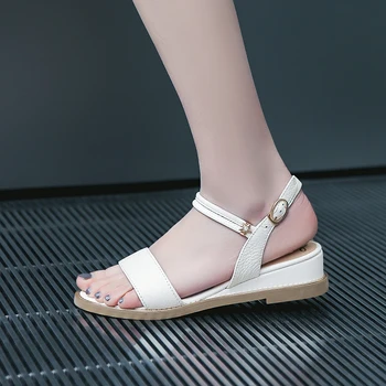 

Party style genuine leather summer cool sandals fashion buckle strap black white champagne low heel wedges women's shoes