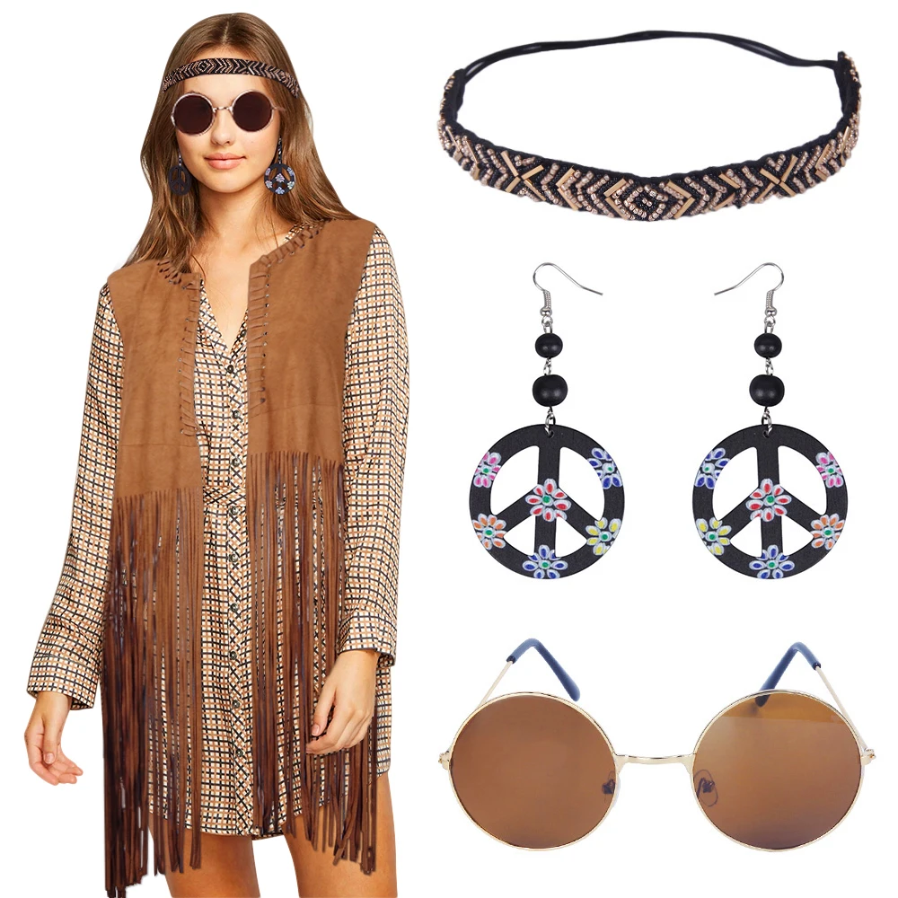 

4 Pieces 60s 70s 80s Hippie Costume Women Carnival Party Cosplay Fringe Vest Retro Bohemia Peace Accessories Suits Female Outfit