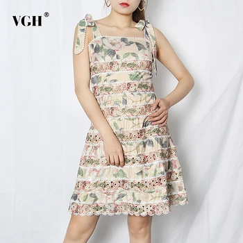 

VGH Print Hit Color Women's Dress Square Collar Sleeveless Sling Bowknot High Waist Hollow Out Mini Dresses Female 2020 New