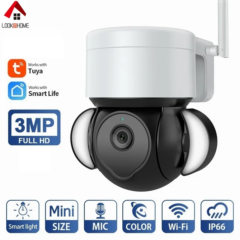 

Lookathome Tuya APP WiFi Camera 3MP Outdoor CCTV Security Camera IP66 Waterproof PTZ WiFi Video Surveillance Camera with WiFi