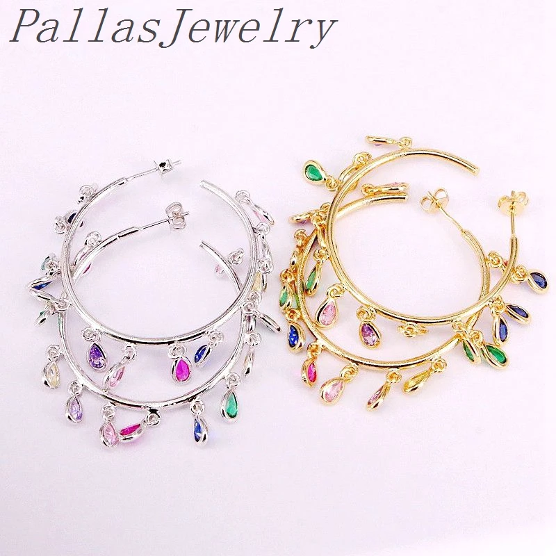 

4Pair New Fashion Gold/Silver Color Multi Rainbow Fashion drop charms Micro Pave CZ Dangle Earrings Women Jewelry