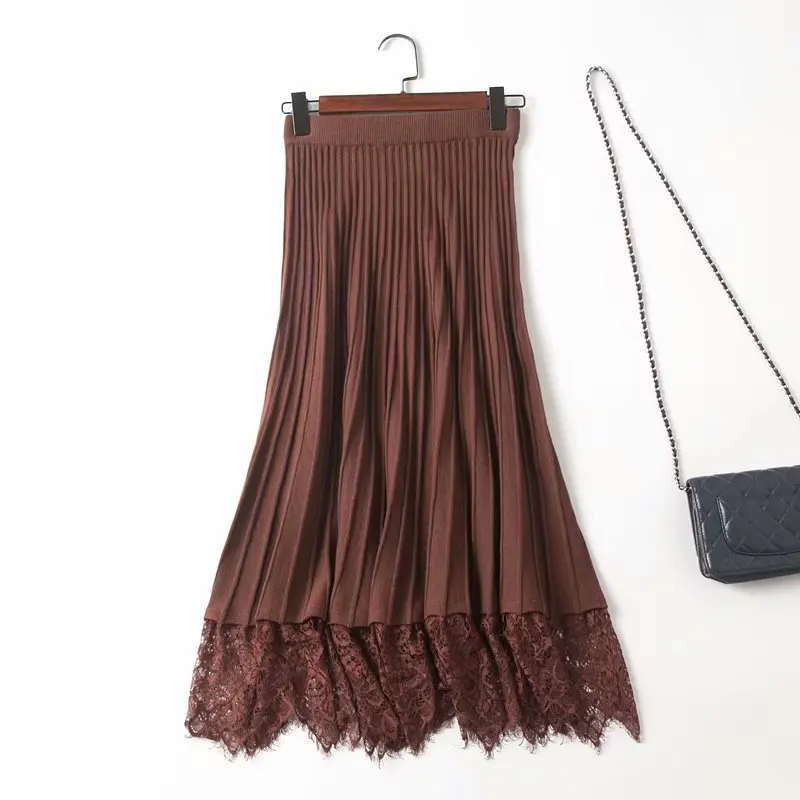 Coffe бежевый серый черный гибкий стрейч высокая талия миди плиссированная линия трикотажная юбка с кружевом для женщин женские юбки saias