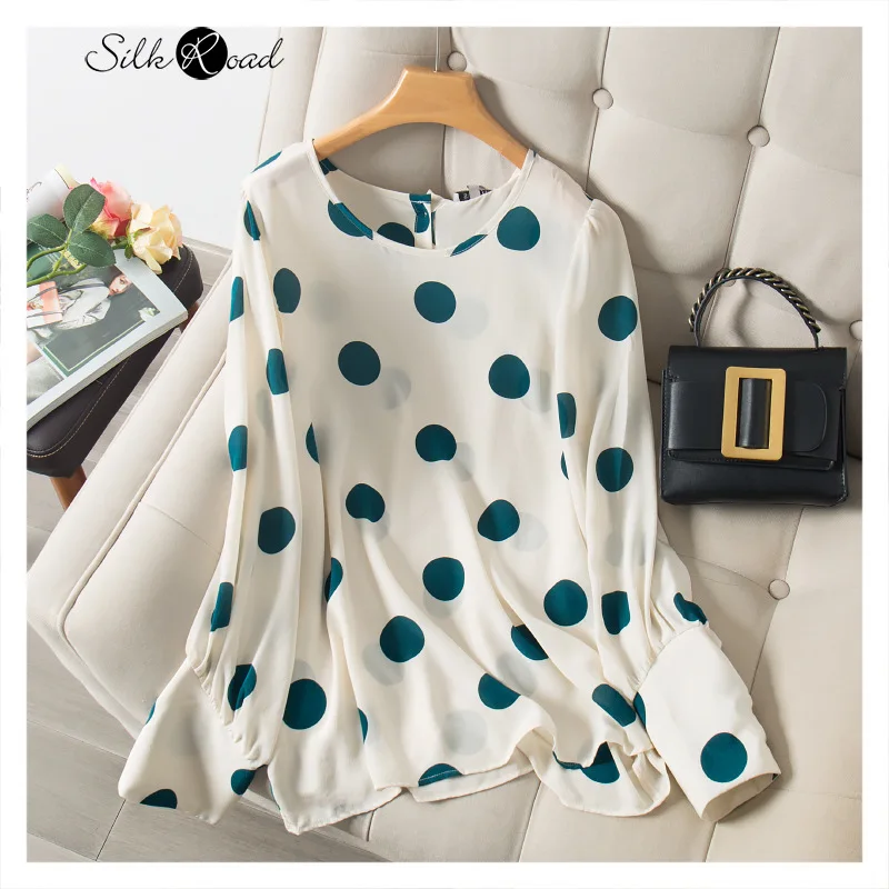 

Sliviye Dot Prints Silk Long-Sleeved Upper Garment Women's Design Sense Non-Mainstream Small Shirt All-match T-shirt Autumn