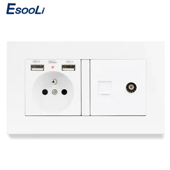

ESOOLI PC Plastic Panel French Standard Socket with 2 USB Charge Port +Female TV Connector and RJ11 Telephone Connector