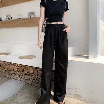 

Summer fashion korean solid black women mopping pants elegant high waist loose slim wide leg pants office ladies casual pants