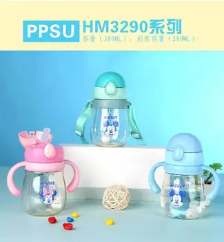 

Disney baby water cups cartoon bottle Protable straw type with rope cartoon safe PPUS plastic creative Mickey Minnie