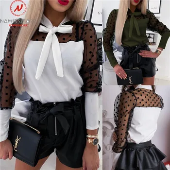 

Fashion Women Spring Autumn Shirts Color Matching Mesh Patchwork Design Bow Decor See Through O-Neck Lantern Sleeve Pullover Top