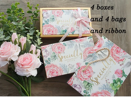 4 box bag ribbon set 18,5*11*4,7 см 3 набора Золотая Акварельная розовая роза особенно дизайн бумажная коробка+ сумка как День рождения Свадьба праздничная подарочная упаковка использования - Цвет: 4 box bag ribbon set