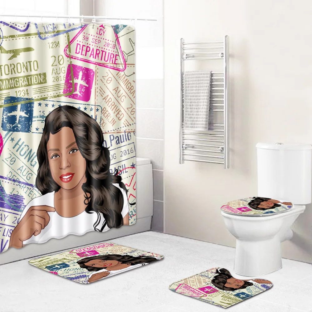

4Pcs/Set Carpet Bathroom Foot Pad African Woman Bath Mat and Shower Curtain Set PVC Toilet Seat Covers Home Decor 2 sizes