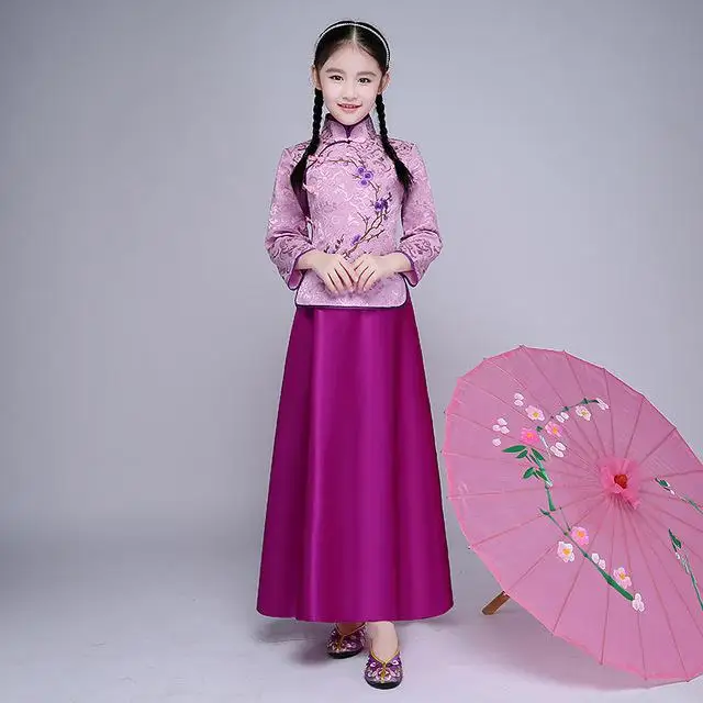 Изысканная вышивка для девочек; Cheongsam; Винтажный Длинный Воротник-стойка; Qipao; vestidos; элегантный длинный костюм в стиле Тан; костюм - Цвет: Purple