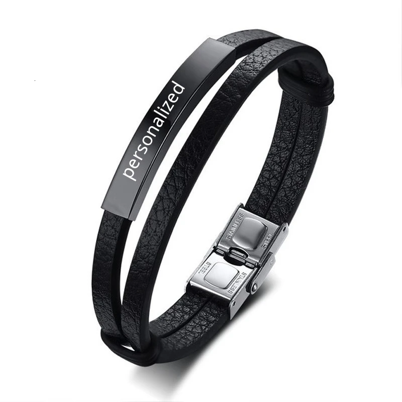

MEN'S LEATHER BRACELET BANGLE DOUBLE WRAP ID PERSONALIZED INSPIRATION ENGRAVABLE MALE NAME INITIAL BRAZALETE