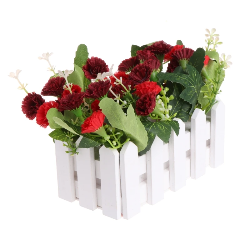 

Artificial Flowers Fake Carnation in Picket Fence Pot Home Wedding Party Decor