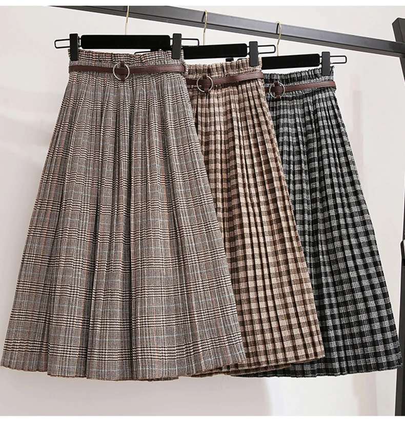Plus Size 3XL Autumn Winter Women Wool Skirts Plaid Mid Skirts 2019 Casual Loose Ladies Office Skirts Elastic Waist Sashes (8)