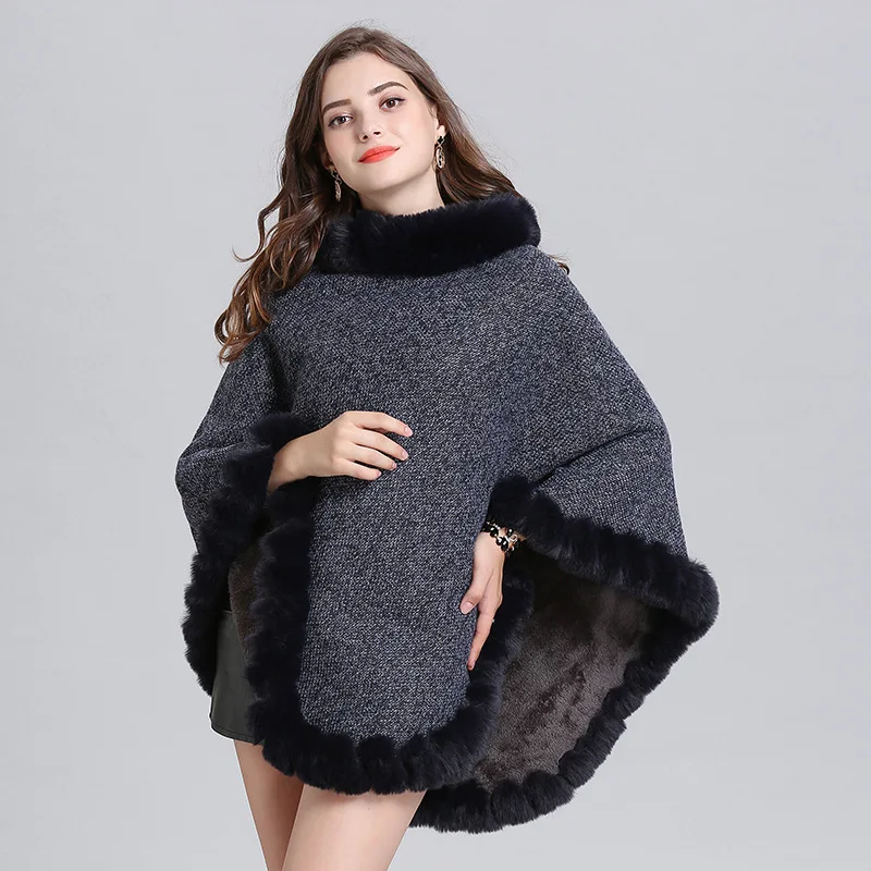 SC328, 6 цветов, однотонные пончо, плюс размер, пуловер, пальто, зимний плюс бархатный теплый вязаный свитер с круглым вырезом из искусственного лисьего меха, женские кейпы - Цвет: Same Color As Photos