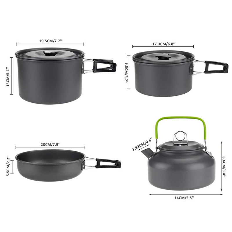 Set of 15 PCS Portable Camping Cookware Mess Kit Outdoor Cook Gear with Collapsible Aluminum Nonstick Pot Pan Kettle Set Plastic Bowls Plates Spoon for 3-5 People Hiking Backpacking Family Picnic