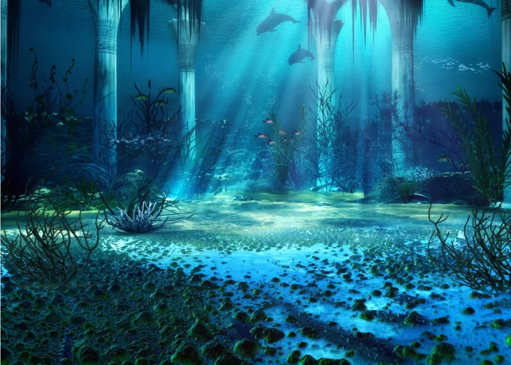 

7x5FT Sunshine Under Sea Aquarium Sea Park Columns Dolphin Fish Herd Custom Photo Studio Background Backdrop Vinyl 220cm x 150cm