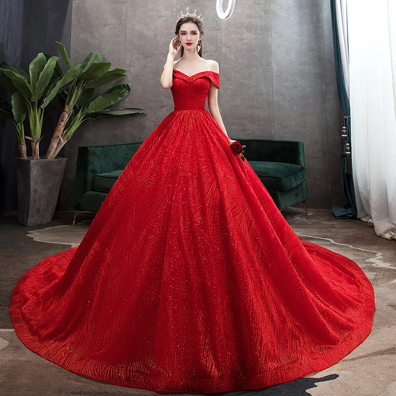 

Red Wedding Dress 2020 New Elegant Boat Neck Luxury Lace Sequins 1.3m Long Train Off The Shoulder Vestido De Noiva Customize