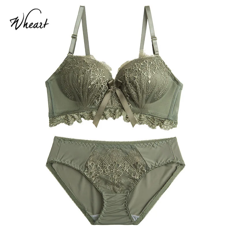 Roseheart Winter Women Fashion Green Padded Lace Trim Straps Bras Cotton Panties Push Up Bra Set Sexy Lingerie Set Underwear