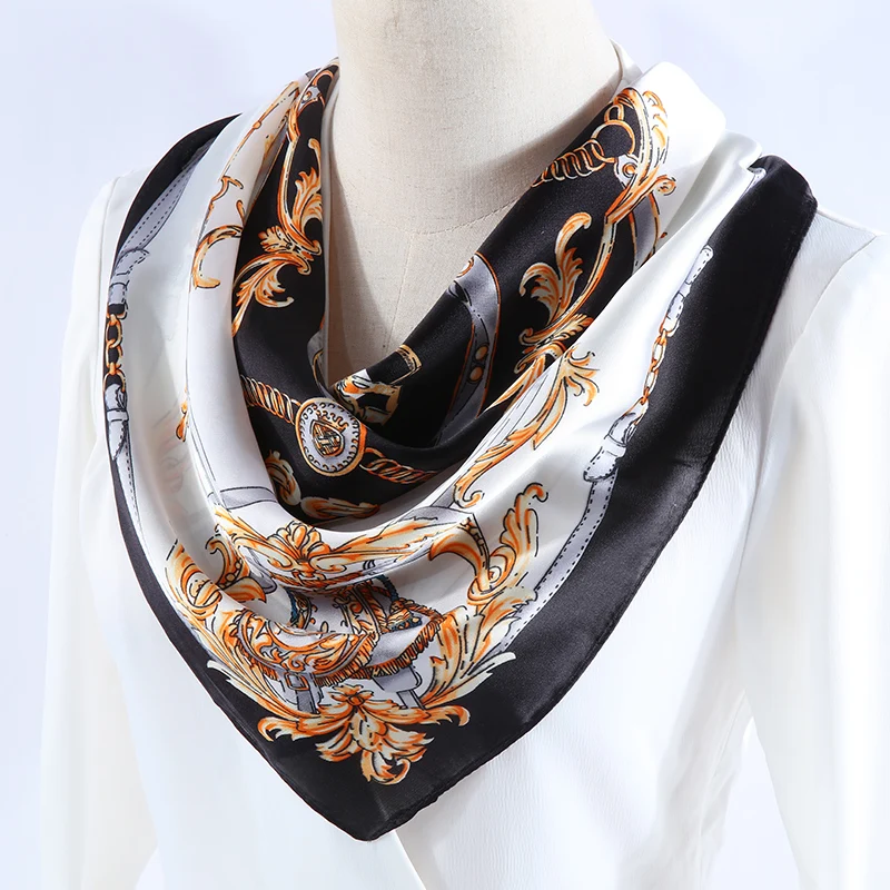 

2019 New Arrival Luxury Brand Square Silk Scarf Women Shawls and Wraps Fashion Printed Vintage Hair Bag Neck Scarves for Ladies