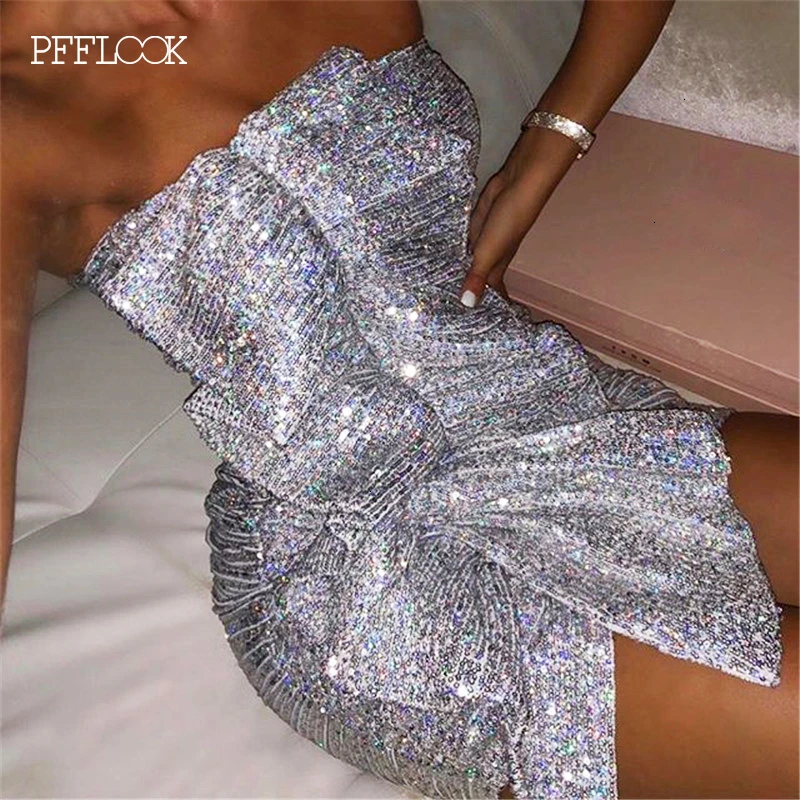 PFFLOOK Осенние сексуальные вечерние платья с блестками, женские Асимметричные Элегантные мини-платья без бретелек с открытыми плечами, Клубные платья