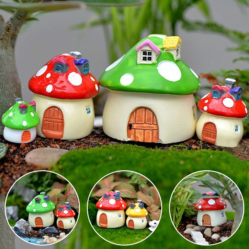 Miniature Ornament 4 Sizes Mushroom House Resin Fairy Garden Craft Decoration Micro Terrarium Mediterranean House Castle 4 Color