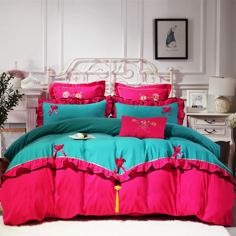 

Spring and Autumn New Style Girl Bedding 4pcs Embroidered Lotus Leaf Side Bed Sheets Quilt Cover Comfortable Soft Princess Style