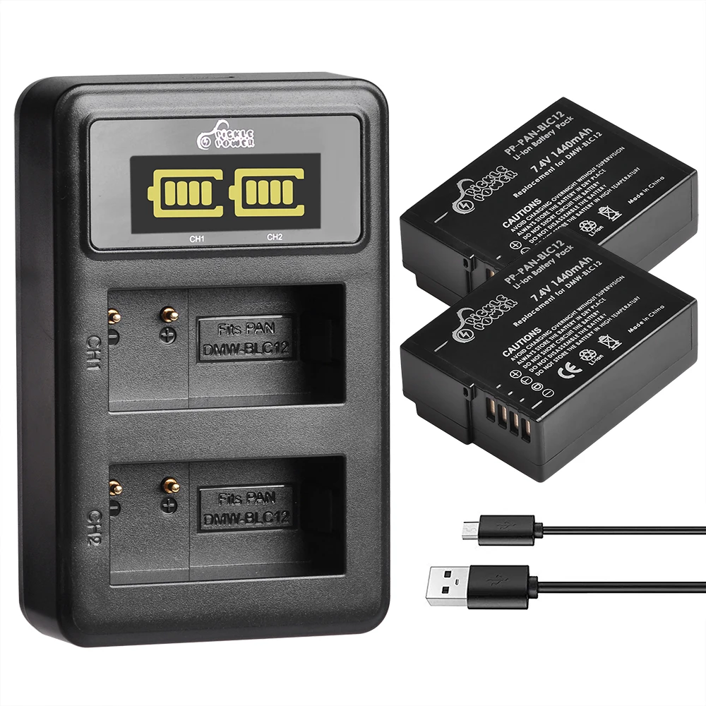1440Mah Dmw-Blc12 Blc12E Blc12Pp Dmw Blc12 + Led Doppio Caricatore Per Panasonic Lumix Dmc-Dmc-G85,Fz200,Fz1000, G5, G6,G7,Gh2,Gx8