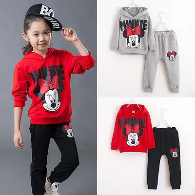  2Pcs Baby Girls Kids Minnie Mouse Clothes Long Sleeve Hooded Coat Pants Outfits Casual Sporting Swe