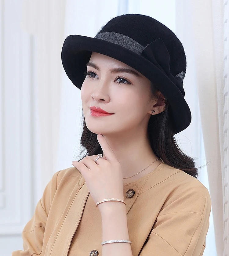 FS Fashion Gray Purple Women Wool Felt Bucket Hats Vintage Ladies Cloche Derby Bowler Cap with Bowknot Elegant Autumn Winter