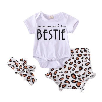 

HOT Summer 0-24M Cute Baby Girls Clothes Sets Letter Print Romper Tops+Leopard Shorts+Headband Outfits Set