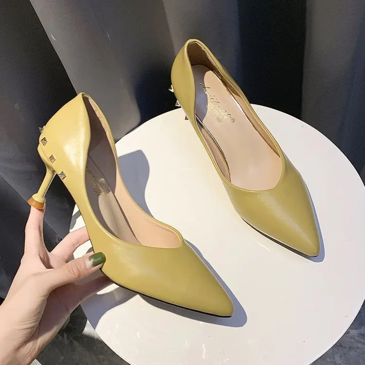 

High Heel Shoes Women's Business Thin Heeled Rivet Shallow Mouth Single Shoes 2019 Autumn New Style Pointed-Toe Heels WOMEN'S Sh